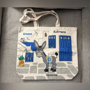 Santorini Canvas Tote Bag - Cream and Blue